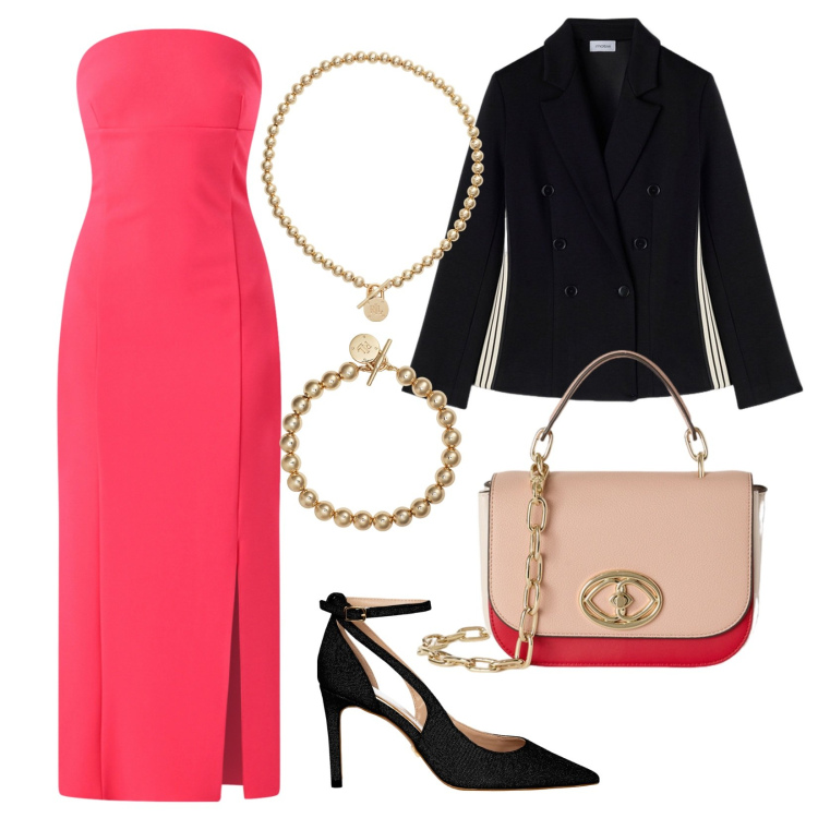 Outfit donna - Doppio petto sull\'abito lungo. Stile Glamour per Cerimonia. Abbinamento con vestiti midi/longuette, décolleté, braccialetti, collane, borse a tracolla, blazer.