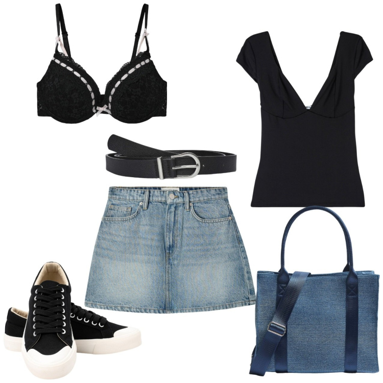 Outfit donna - T-shirt nera. Stile Casual per Tutti i giorni. Abbinamento con minigonne, cinture, shopping bag, t-shirt, reggiseni push-up, sneakers.
