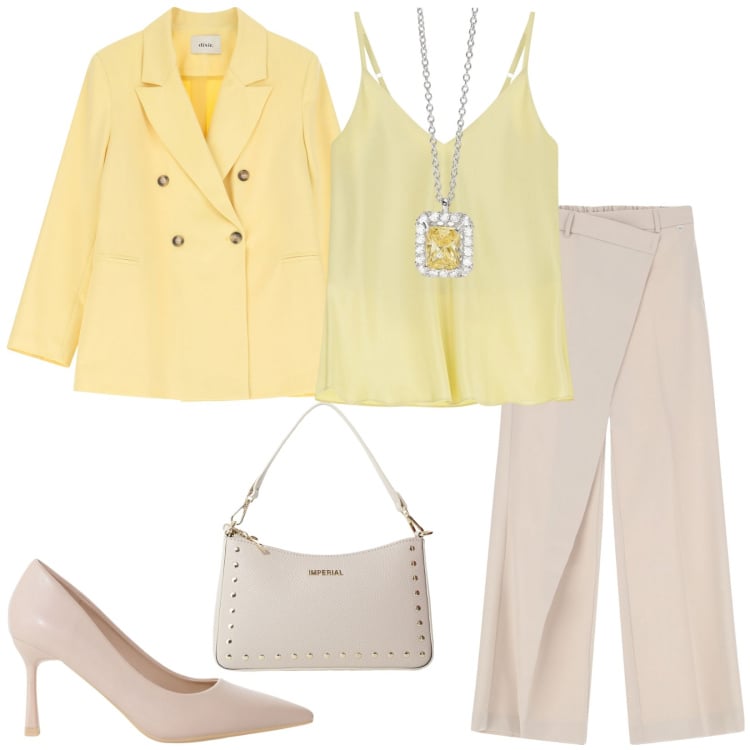 Outfit donna - Luminosità e delicatezza. Stile Bon Ton per Cerimonia. Abbinamento con collane, pantaloni, décolleté, borse a spalla, top, blazer.