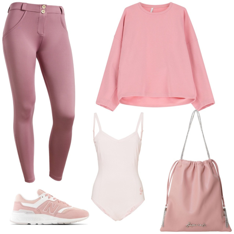 Outfit donna - Tutto rosa. Stile Casual per Tutti i giorni. Abbinamento con sneakers, borse a secchiello, felpe, body, pantaloni skinny.