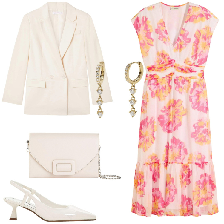 Outfit donna - Abito midi. Stile Glamour per Cerimonia. Abbinamento con vestiti midi/longuette, décolleté, pochette, blazer, orecchini.