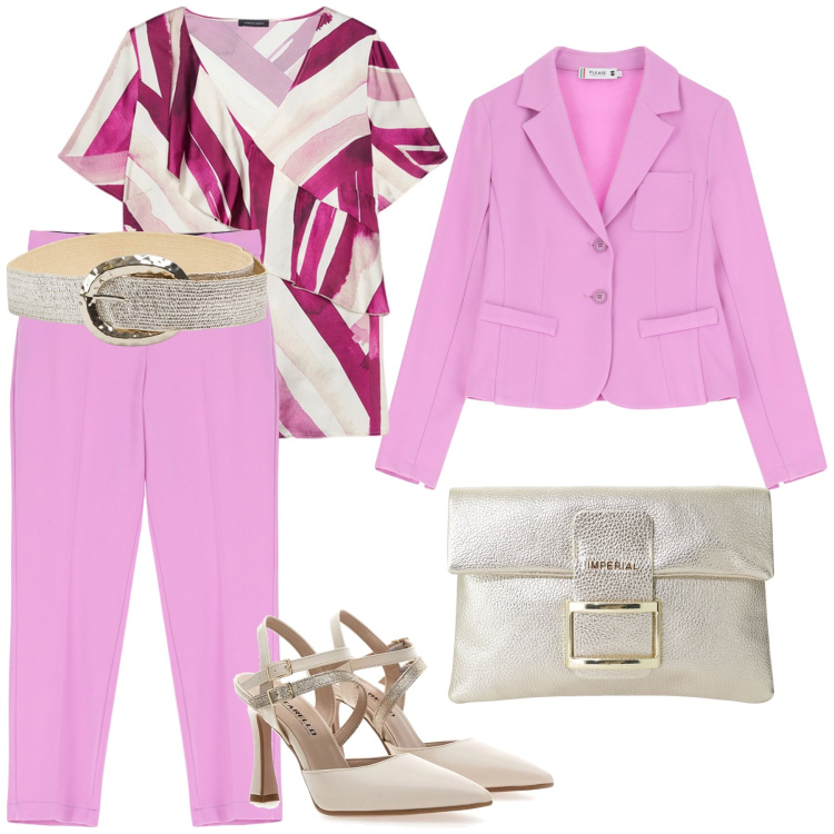 Outfit donna - Giornata con stile. Stile Chic per Serata fuori. Abbinamento con cinture, pantaloni, blazer, pochette, décolleté, bluse.
