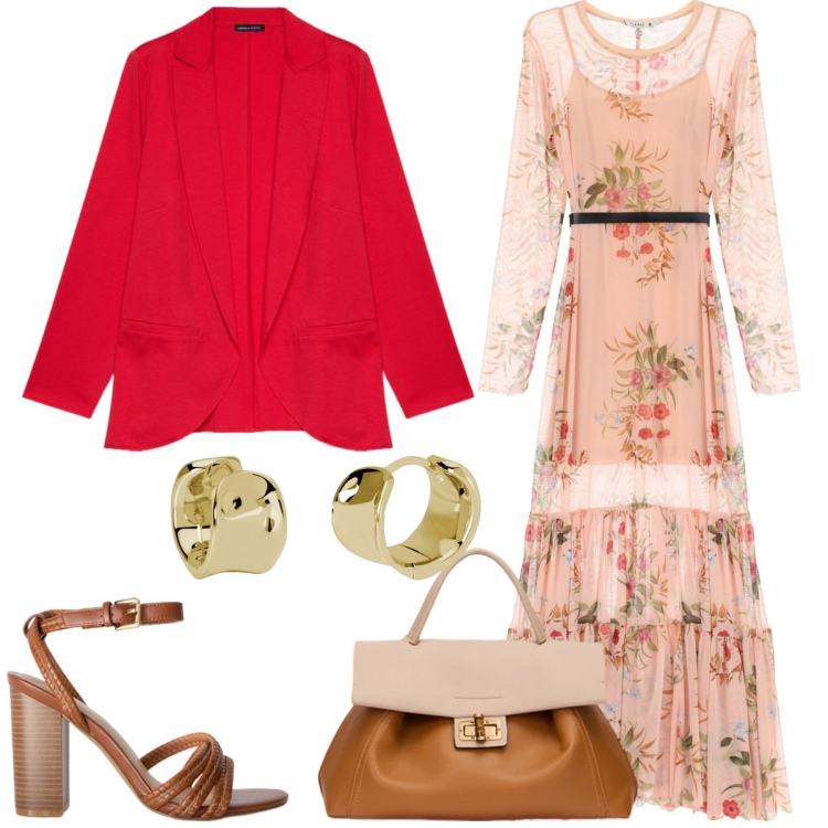 Outfit donna - Total look #2120723. Stile Romantica per Tutti i giorni. Abbinamento con orecchini, vestiti lunghi, blazer, borse a tracolla, sandali col tacco.