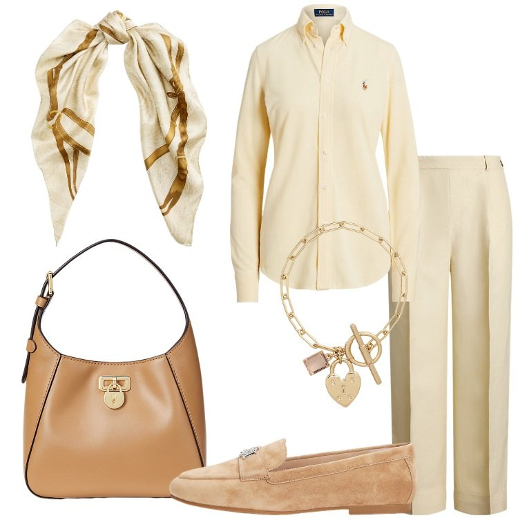 Outfit donna - Neutri bon ton. Stile Bon Ton per Ufficio. Abbinamento con mocassini, borse a tracolla, camicie, braccialetti, foulard, pantaloni.