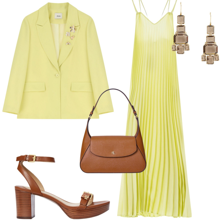 Outfit donna - Giallo burro. Stile Chic per Cerimonia. Abbinamento con vestiti lunghi, blazer, borse a spalla, sandali col tacco, orecchini.