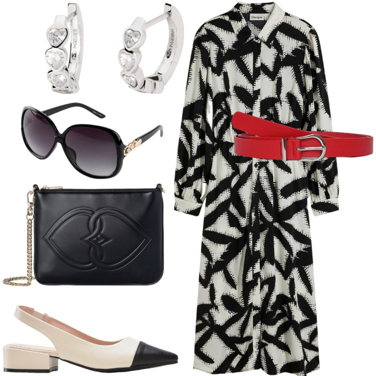 Outfit donna - Invito elegante. Stile Chic per Cerimonia. Abbinamento con occhiali da sole, décolleté, vestiti midi/longuette, cinture, orecchini, pochette.