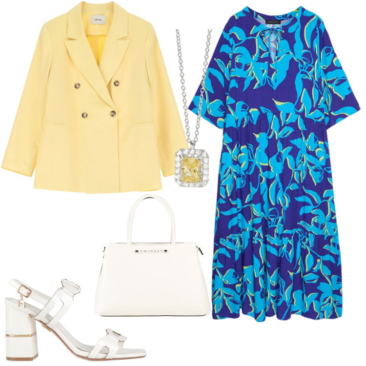 Outfit donna - Confort e colore. Stile Casual chic per Cerimonia. Abbinamento con borse a mano, sandali col tacco, collane, blazer, vestiti lunghi.