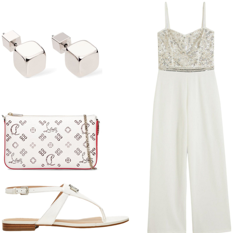 Outfit donna - Total look. Stile Casual chic per Cerimonia. Abbinamento con tute, sandali in pelle, borse a spalla, orecchini.