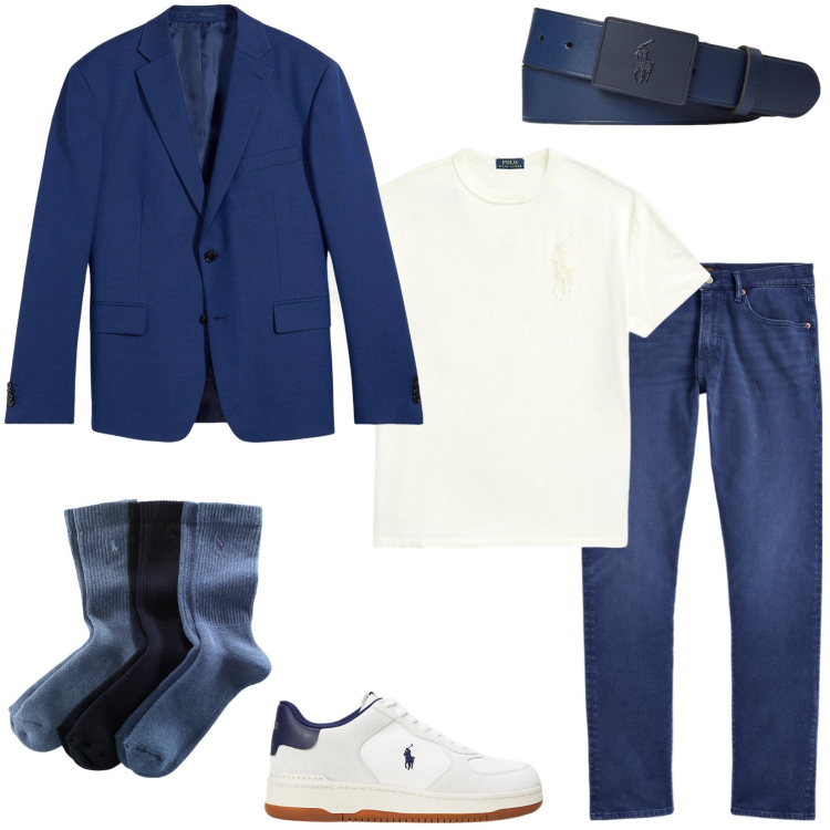 Outfit uomo - Informale in ufficio. Stile Casual per Ufficio. Abbinamento con giacche, calzini, sneakers, jeans, t-shirt, cinture.