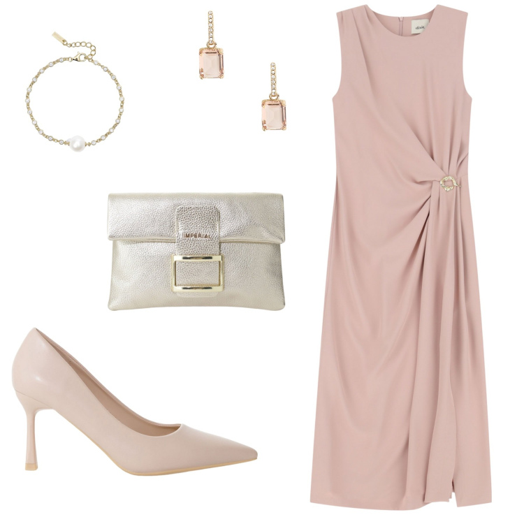 Outfit donna - Rose. Stile Glamour per Cerimonia. look ideale per Petite. Abbinamento con braccialetti, décolleté, pochette, vestiti midi/longuette, orecchini.