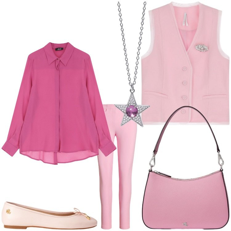 Outfit donna - Rosa bon ton. Stile Bon Ton per Serata fuori. Abbinamento con ciondoli, pantaloni, ballerine, borse a spalla, gilet, camicie.