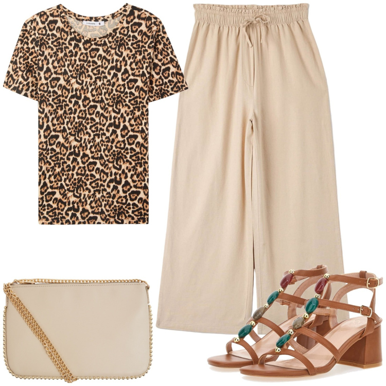 Outfit donna - Per la città. Stile Casual per Tutti i giorni. Abbinamento con pantaloni, t-shirt, borse a tracolla, sandali col tacco.