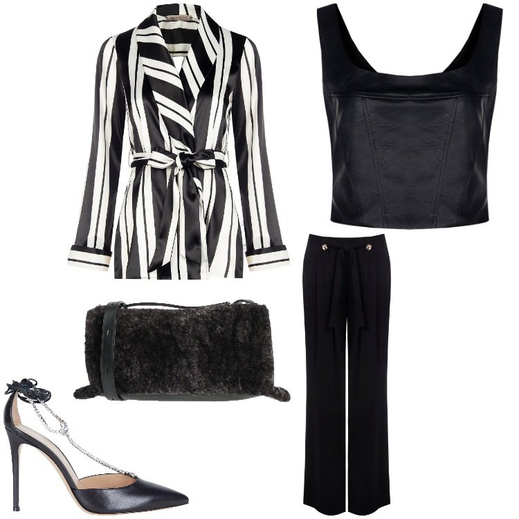 Outfit donna - Eleganza a righe. Stile Chic per Cerimonia. Abbinamento con décolleté, borse a tracolla, top, pantaloni, blazer.