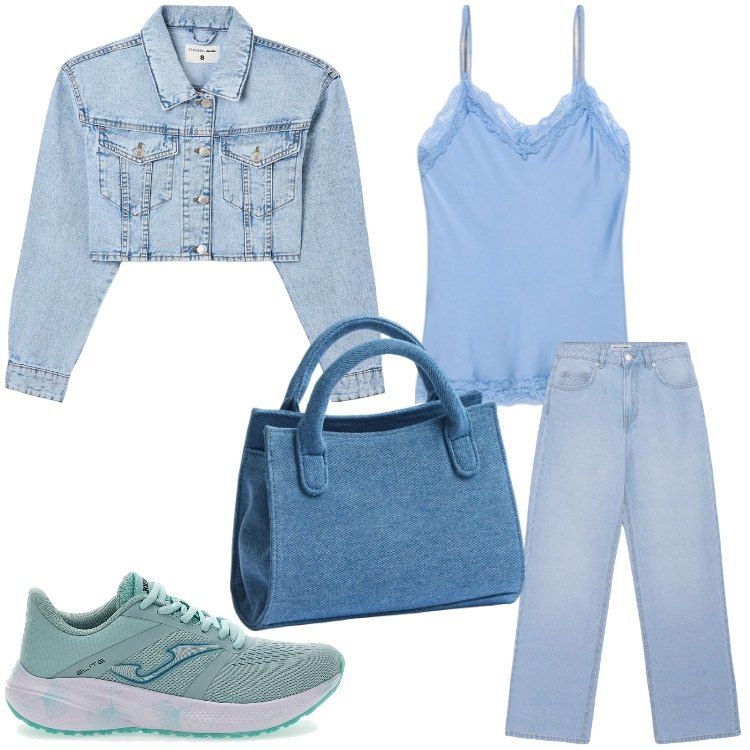 Outfit donna - Serata jeans. Stile Sporty chic per Serata fuori. Abbinamento con jeans, borse a tracolla, blazer, sneakers, top.