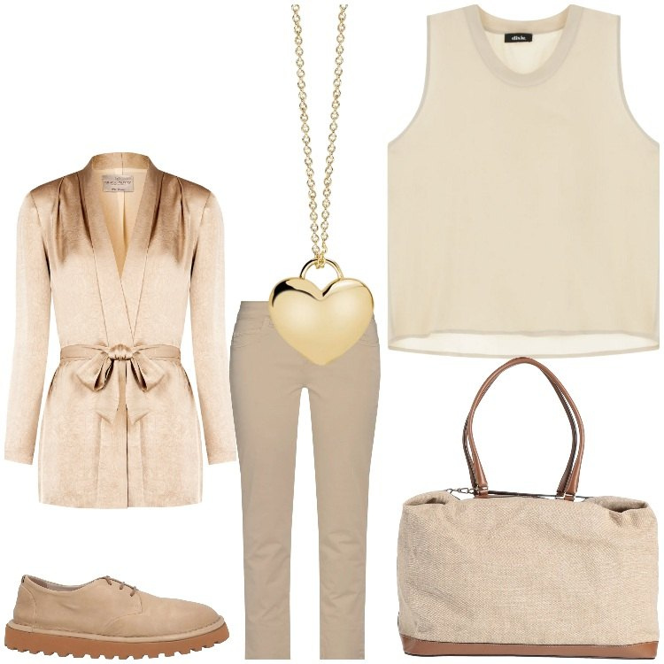 Outfit donna - Delicatezza. Stile Casual chic per Serata fuori. Abbinamento con scarpe stringate, borse a mano, pantaloni, collane, blazer, top.