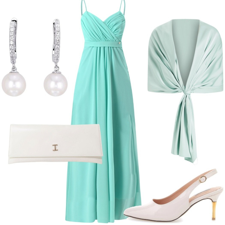 Outfit donna - Cerimonia in color Tiffany. Stile Glamour per Cerimonia. Abbinamento con orecchini, vestiti lunghi, stole, pochette, décolleté.