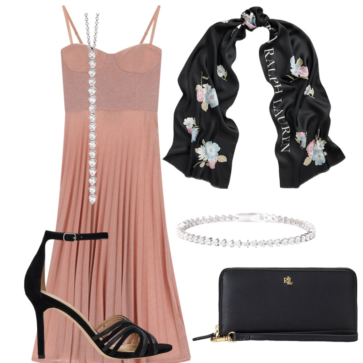 Outfit donna - Abito midi. Stile Chic per Cerimonia. Abbinamento con ciondoli, braccialetti, vestiti midi/longuette, sandali in pelle, foulard, pochette.
