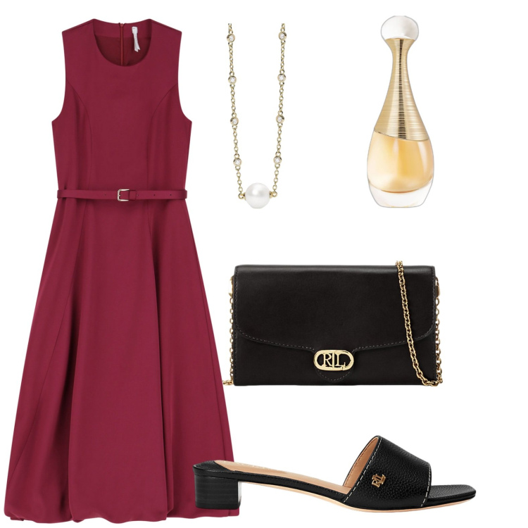 Outfit donna - Primavera in rosso. Stile Bon Ton per Cerimonia. Abbinamento con profumi, collane, vestiti midi/longuette, borse a tracolla, sandali in pelle.
