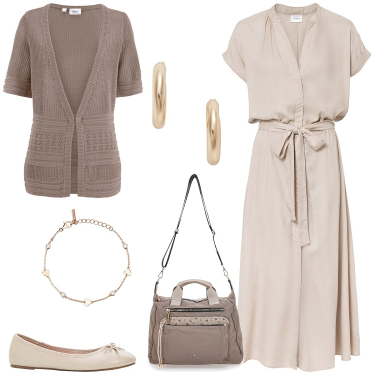 Outfit donna - Nude. Stile Casual chic per Tutti i giorni. Abbinamento con vestiti chemisier, cardigans, ballerine, braccialetti, orecchini, borse a tracolla.