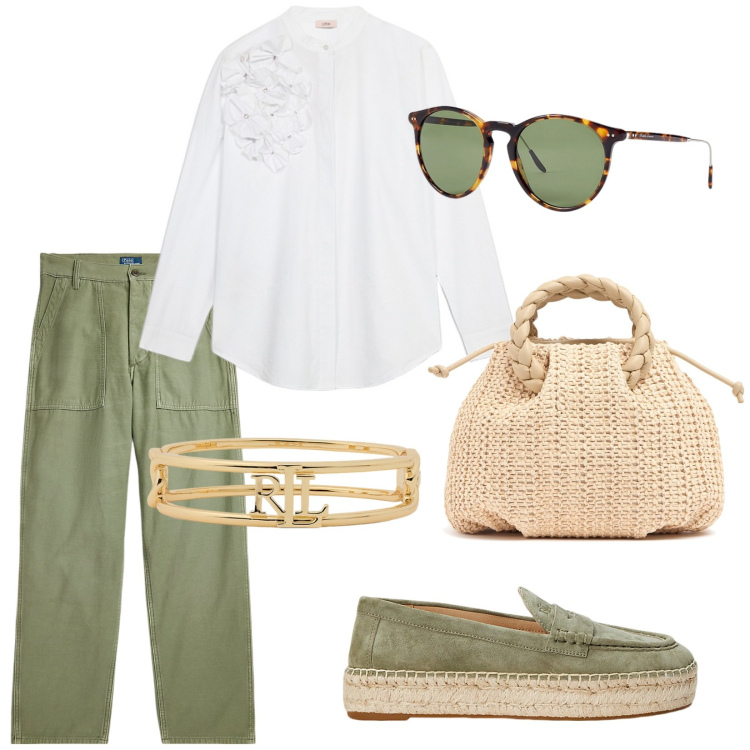 Outfit donna - Brunch. Stile Trendy per Tutti i giorni. Abbinamento con pantaloni, occhiali da sole, braccialetti, espadrillas, camicie, borse a mano.