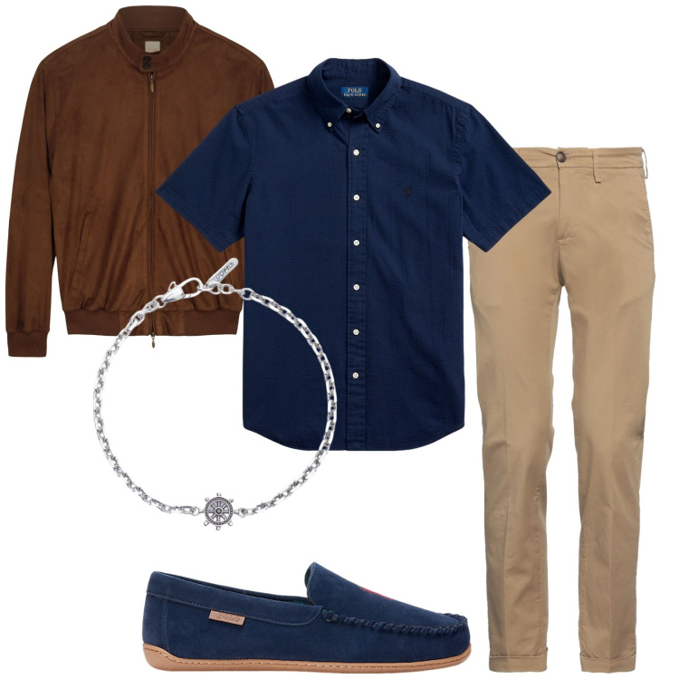 Outfit uomo - \'Na sera \'e maggio. Stile Trendy per Tutti i giorni. Abbinamento con pantaloni chino, braccialetti, pantofole, camicie, giacche.