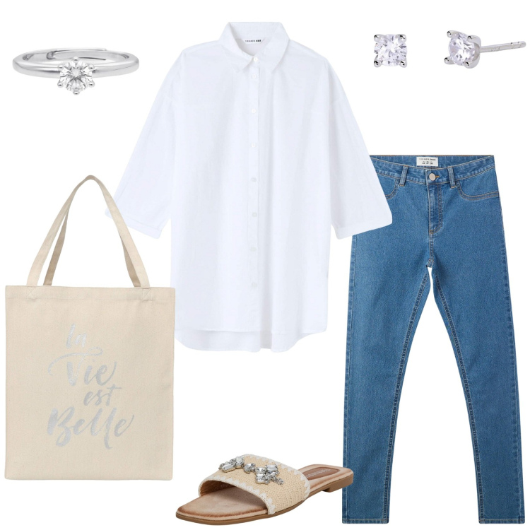 Outfit donna - Fresco camicione in lino per lo shopping. Stile Minimal per Tutti i giorni. Abbinamento con jeggings, ciabatte, borse tote, camicie, anelli, orecchini.