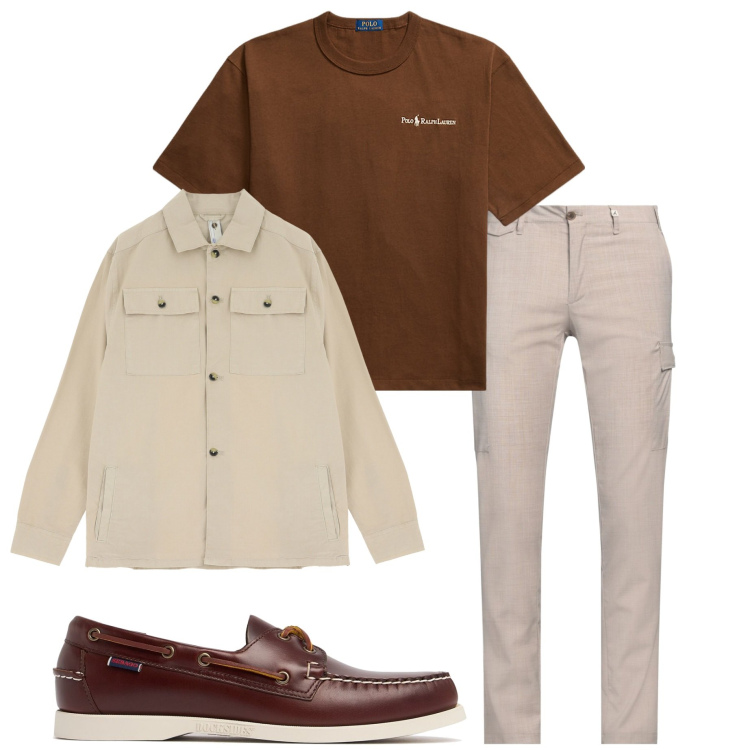 Outfit uomo - Smart layering. Stile Urban per Tutti i giorni. Abbinamento con pantaloni cargo, camicie, t-shirt, scarpe stringate.