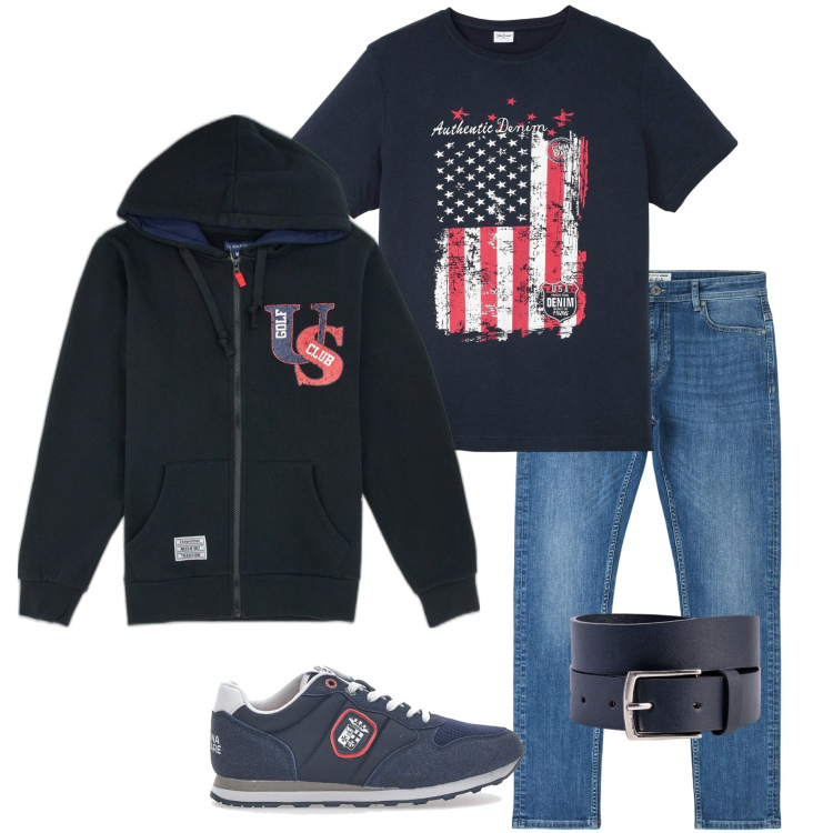 Outfit uomo - Smart layering. Stile Casual per Tutti i giorni. Abbinamento con t-shirt, jeans skinny, felpe con cappuccio, sneakers, cinture.