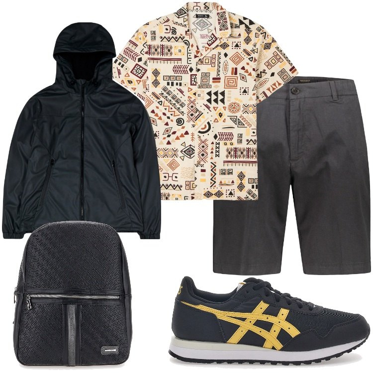 Outfit uomo - Relax primaverile. Stile Casual per Tutti i giorni. Abbinamento con camicie a manica corta, giacche sportive, bermuda, borse sportive, sneakers.