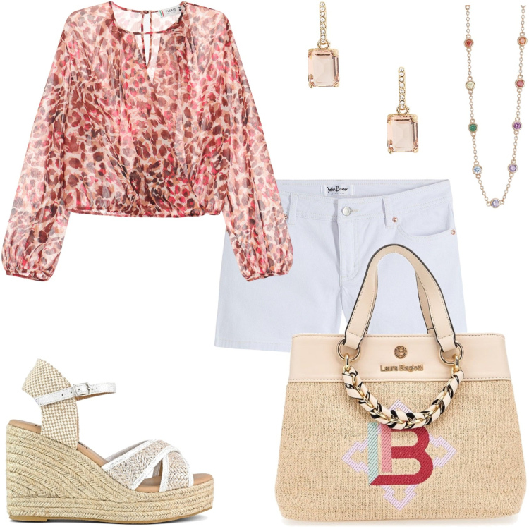 Outfit donna - Elegante Blusa e pantaloncino. Stile Glamour per Tutti i giorni. Abbinamento con shorts, collane, bluse, orecchini, zeppe, borse a mano.