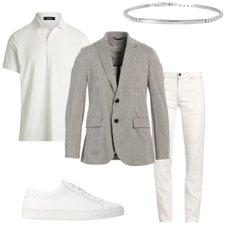 Outfit uomo - Righe sottili. Stile Urban per Serata speciale. Abbinamento con pantaloni, giacche, braccialetti, sneakers, polo.