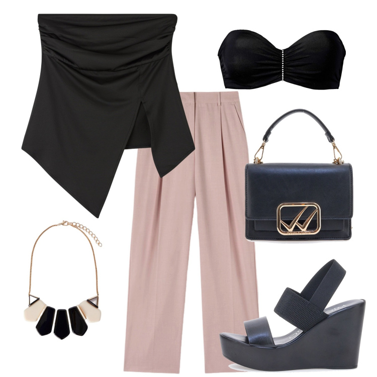 Outfit donna - Total look #2120862. Stile Glamour per Serata fuori. Abbinamento con reggiseni, top, borse a tracolla, pantaloni a palazzo, sandali col tacco, collane.