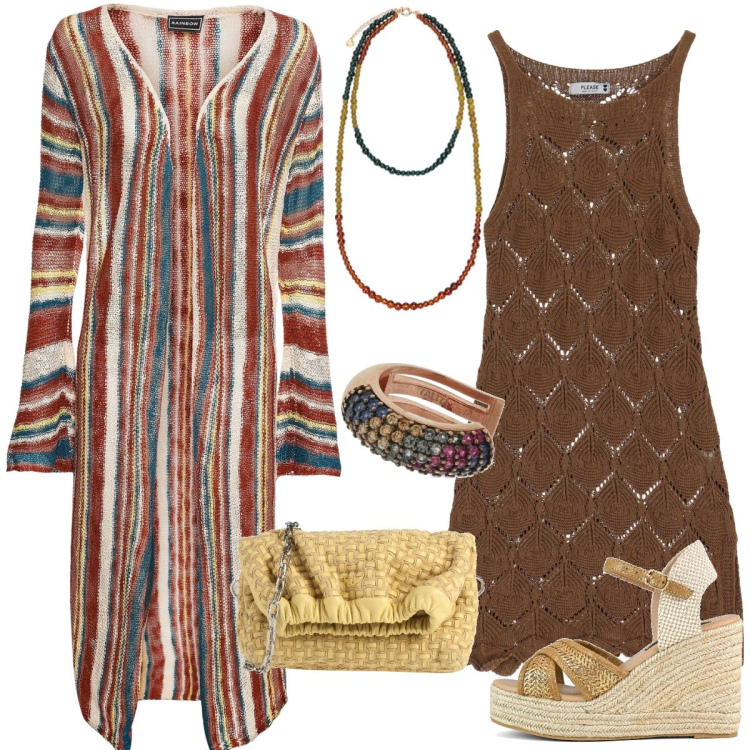 Outfit donna - In maglia. Stile Boho per Tutti i giorni. Abbinamento con cardigans, borse a tracolla, vestiti corti, zeppe, orecchini, ciondoli.