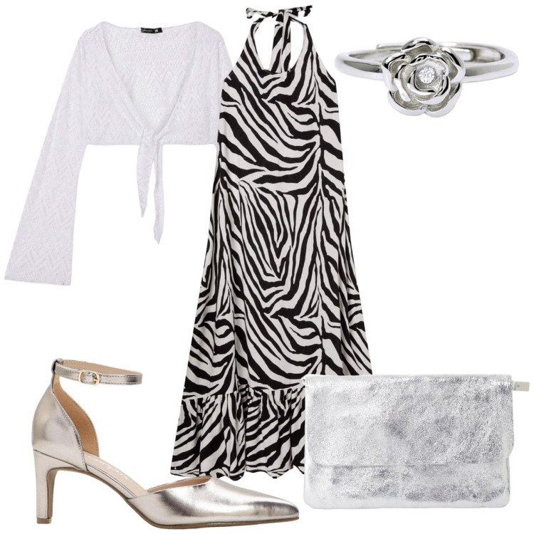 Outfit donna - Bantoa - zebrata alla cerimonia. Stile Trendy per Cerimonia. Abbinamento con décolleté, vestiti lunghi, bolero, anelli, borse a tracolla.