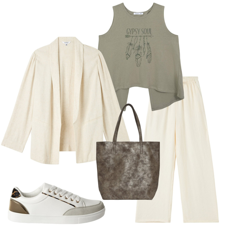 Outfit donna - Vacanza con Terranova. Stile Casual per Tutti i giorni. Abbinamento con blazer, sneakers, canottiere, pantaloni, borse tote.