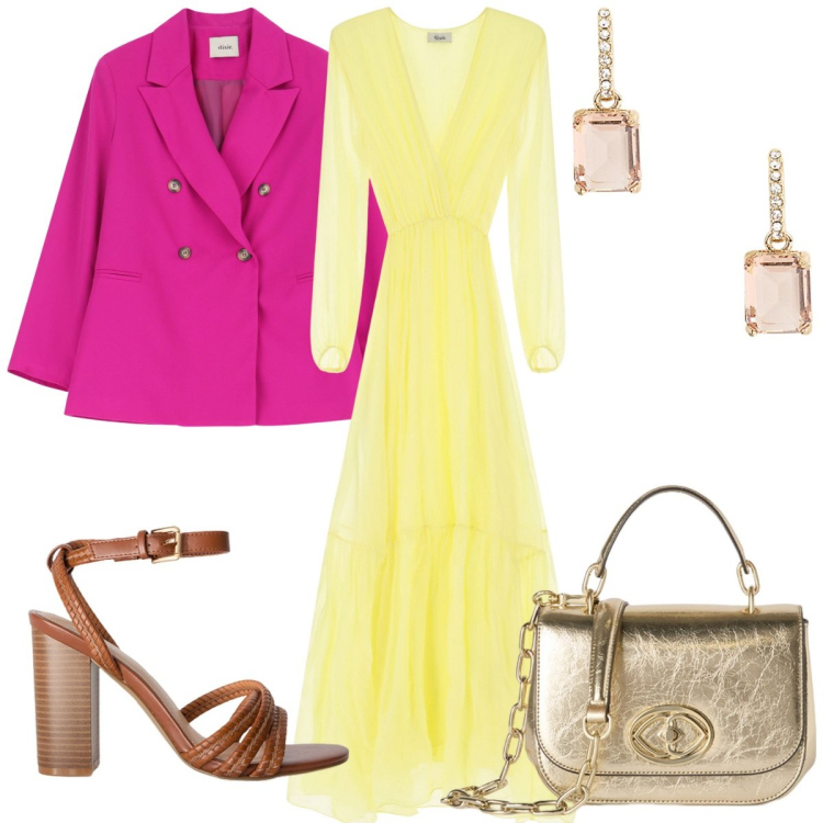 Outfit donna - Bantoa- cerimonia coloratissima. Stile Trendy per Cerimonia. Abbinamento con blazer, vestiti lunghi, orecchini, borse a tracolla, sandali col tacco.