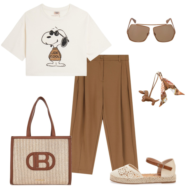 Outfit donna - Cool snoopy. Stile Casual per Tutti i giorni. Abbinamento con pantaloni, t-shirt, portachiavi, borse a spalla, espadrillas, occhiali da sole.