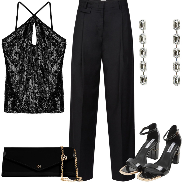 Outfit donna - La serata glam. Stile Glamour per Serata fuori. Abbinamento con sabot, orecchini, pochette, top, pantaloni.