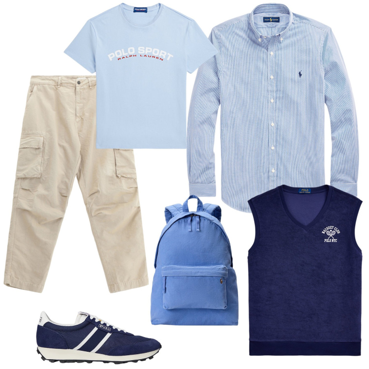 Outfit uomo - Un viaggetto rilassante. Stile Trendy per Tutti i giorni. Abbinamento con pantaloni cargo, gilet, camicie, sneakers, borse sportive, t-shirt.
