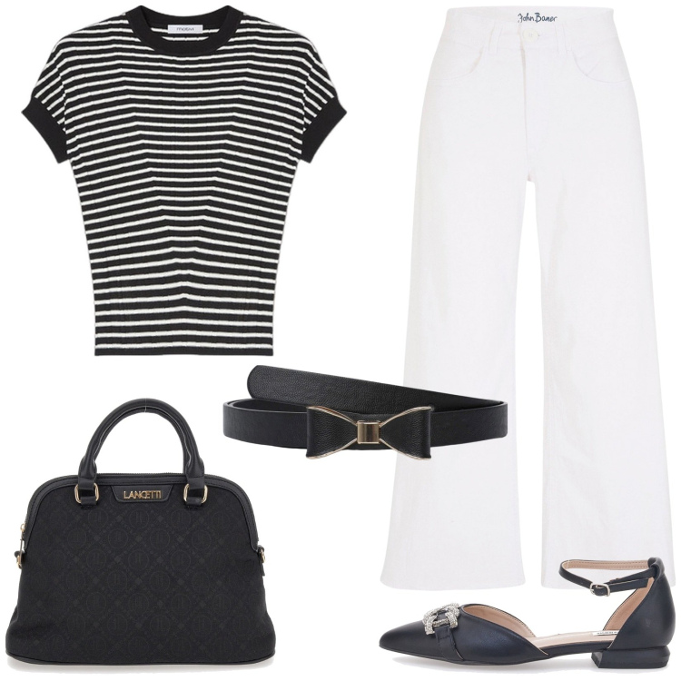Outfit donna - Easy chic per tutti i giorni. Stile Sporty chic per Tutti i giorni. Abbinamento con jeans, cinture, borse a spalla, ballerine, maglieria.