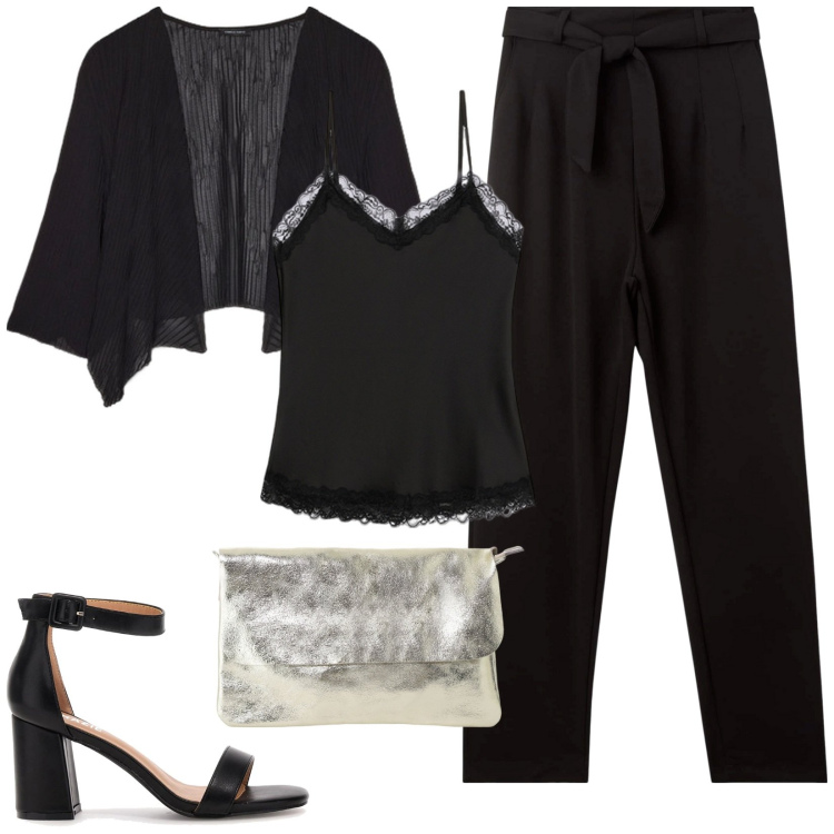 Outfit donna - Glamour a piccoli prezzi. Stile Glamour per Serata fuori. Abbinamento con pantaloni chino, borse a tracolla, bolero, top, sandali col tacco.