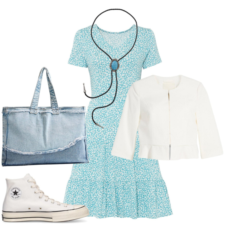 Outfit donna - L\'abito leggero. Stile Minimal per Tutti i giorni. Abbinamento con vestiti, blazer, shopping bag, collane, sneakers.