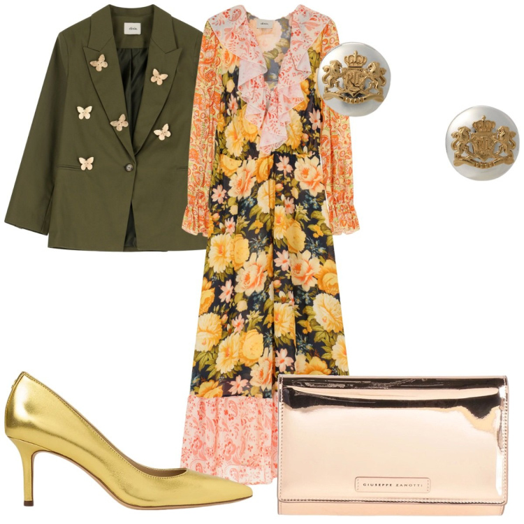 Outfit donna - Bantoa - cerimonia brillante. Stile Trendy per Cerimonia. Abbinamento con borse a mano, orecchini, décolleté, vestiti lunghi, blazer.
