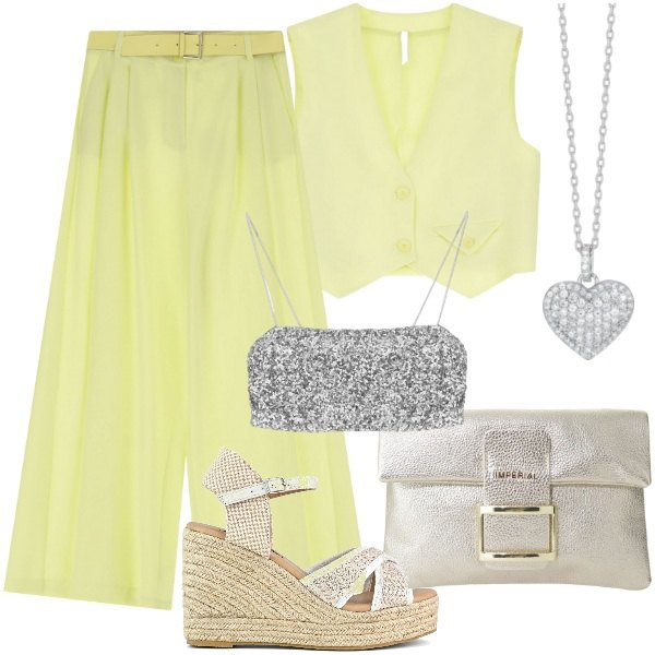 Outfit donna - Primavera Giallo burro. Stile Chic per Tutti i giorni. Abbinamento con collane, pantaloni a palazzo, top, pochette, gilet, zeppe.