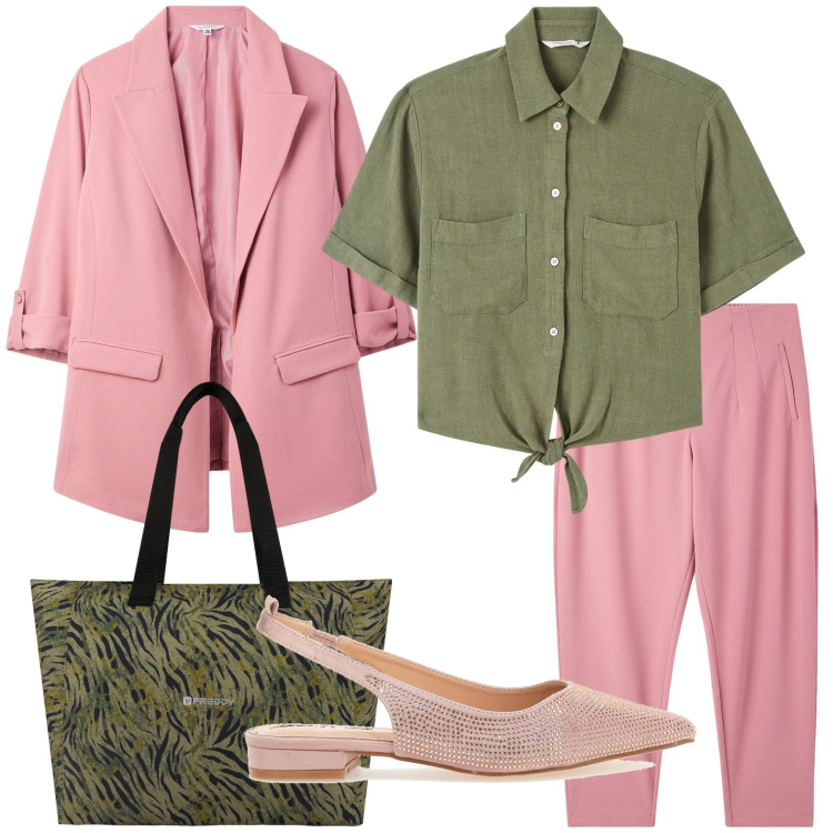 Outfit donna - Rosa cipria day. Stile Minimal per Tutti i giorni. Abbinamento con camicie a manica corta, blazer, pantaloni chino, shopping bag, ballerine.