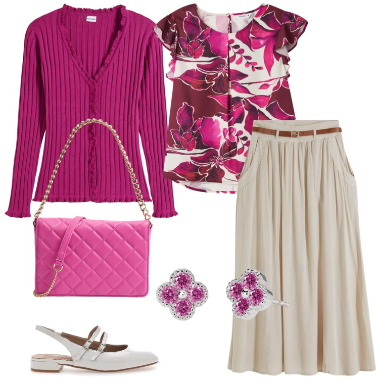 Outfit donna - Passeggiata. Stile Romantica per Tutti i giorni. Abbinamento con gonne lunghe, cardigans, bluse, borse a tracolla, orecchini, ballerine.