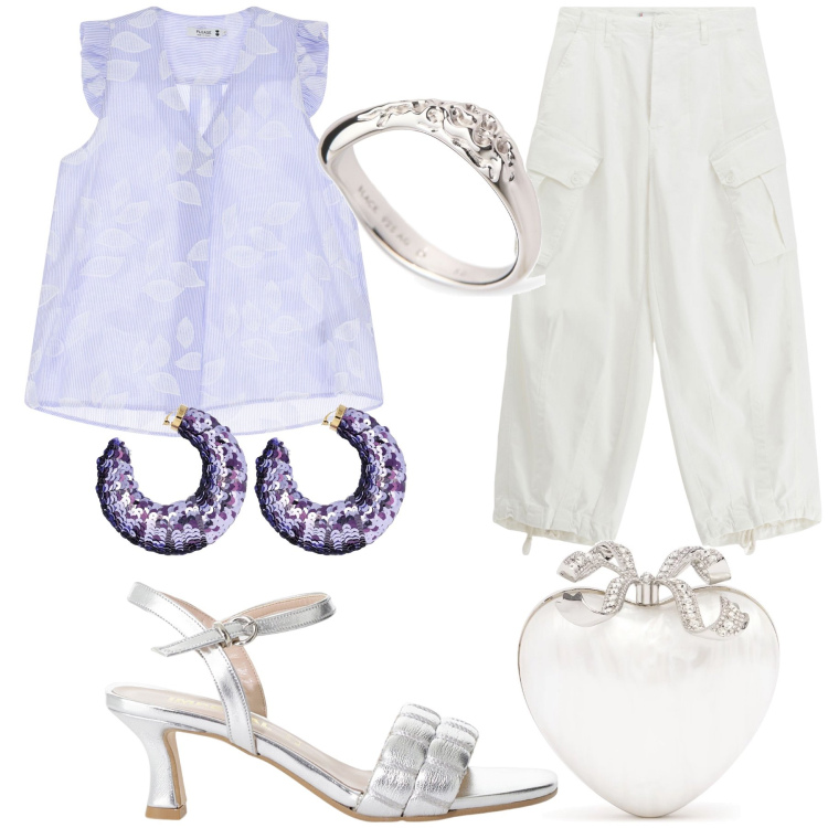 Outfit donna - Cargo da party. Stile Glamour per Serata fuori. Abbinamento con pantaloni, canottiere, sandali col tacco, orecchini, anelli, pochette.