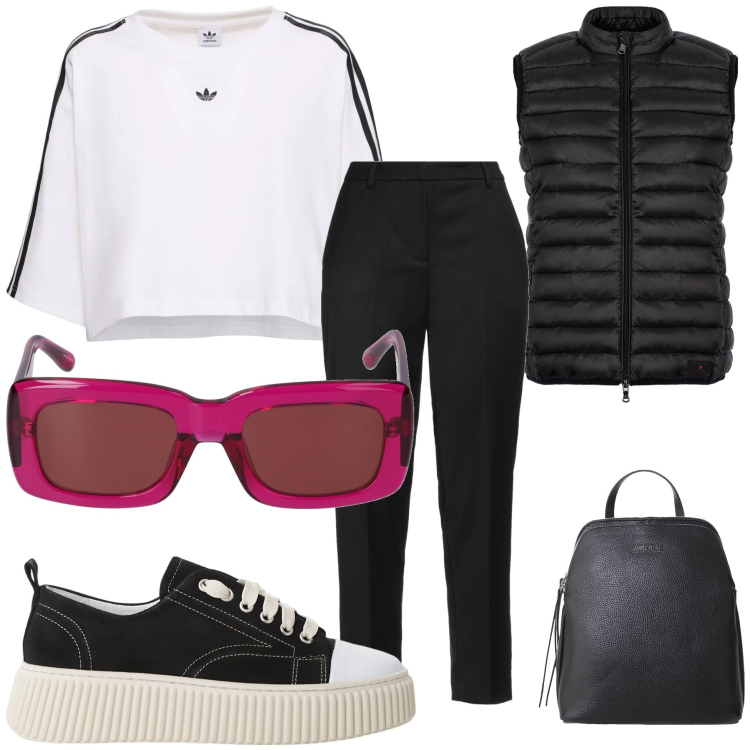Outfit donna - Occhiali colorati. Stile Basic per Sport. Abbinamento con pantaloni, sneakers, zaini, piumini, occhiali da sole, t-shirt.