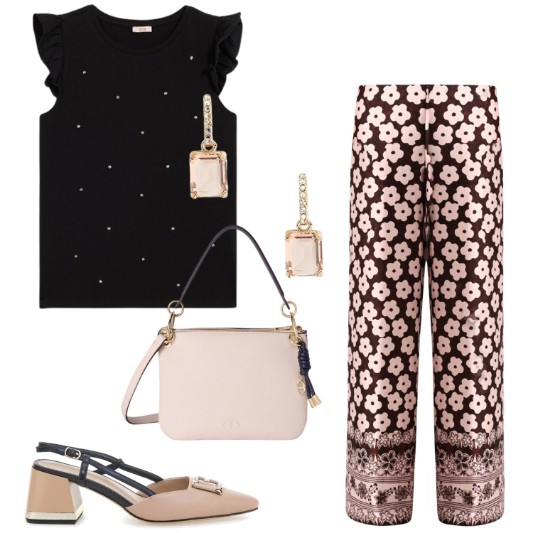 Outfit donna - Total look #2120895. Stile Casual chic per Serata fuori. Abbinamento con pantaloni a palazzo, orecchini, décolleté, borse a tracolla, top.