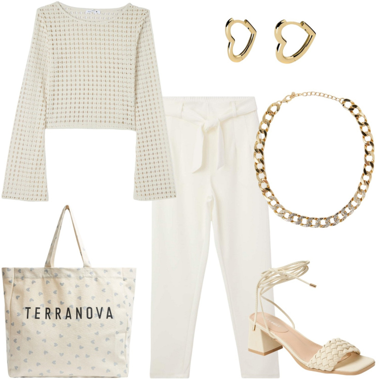 Outfit donna - Pantaloni in lino, fresca sensazione. Stile Minimal per Tutti i giorni. Abbinamento con pantaloni chino, maglieria, collane, sandali alla schiava, shopping bag, orecchini.